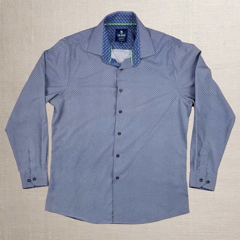 Tom Baine Slim Fit Dress Shirt XL 17-17.5 Blue Geometric Stretch Wrinkle Free